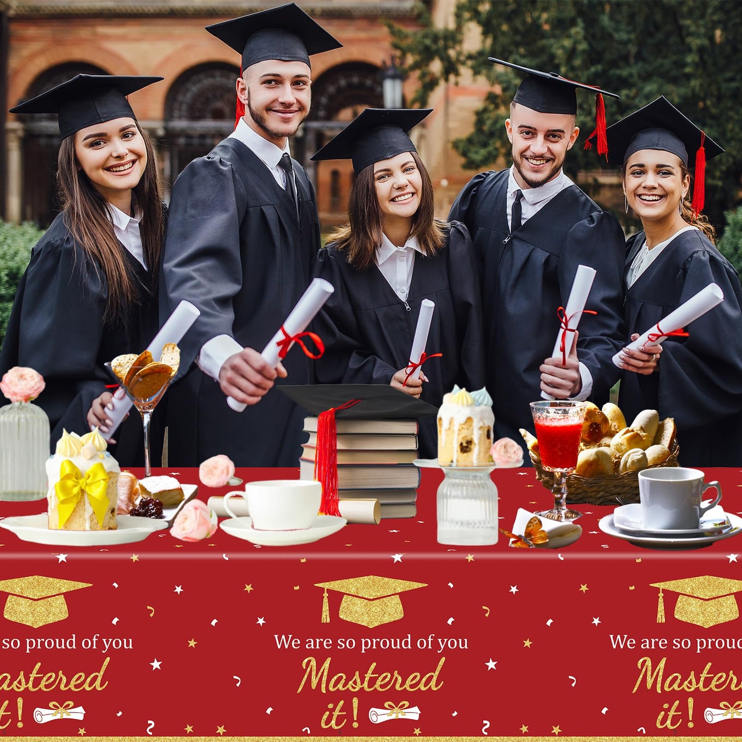 3PCS Mastered It Graduation Tablecloth Black Gold Congrats Grad Table Cover Plastic Master's Graduation Party Supplies for Class of 2026 Master College Disposable Decorations WN420