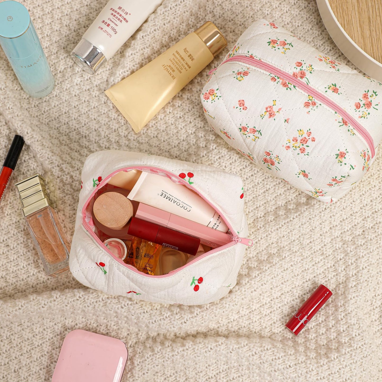 Cute Small Floral Cotton Makeup Bag, Quilted Zipper Pouch with Coquette Bear for Women and Girls, Kawaii Travel Cosmetic Bags for Purse(07Yellow and Pink Flower) BST220