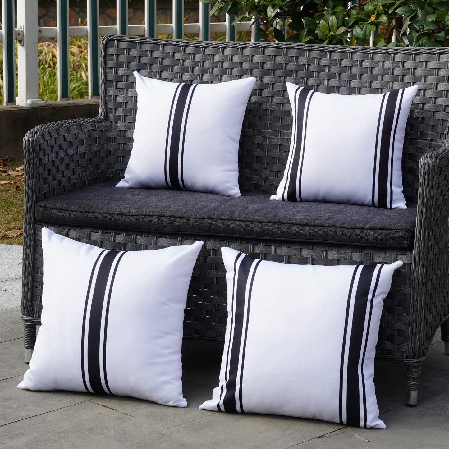 ONWAY Outdoor Pillow Covers Waterproof 18x18 Set of 2 Decorative Linen Throw Pillow Cover Beige and Black Striped Outdoor Pillows for Patio Furniture BST220
