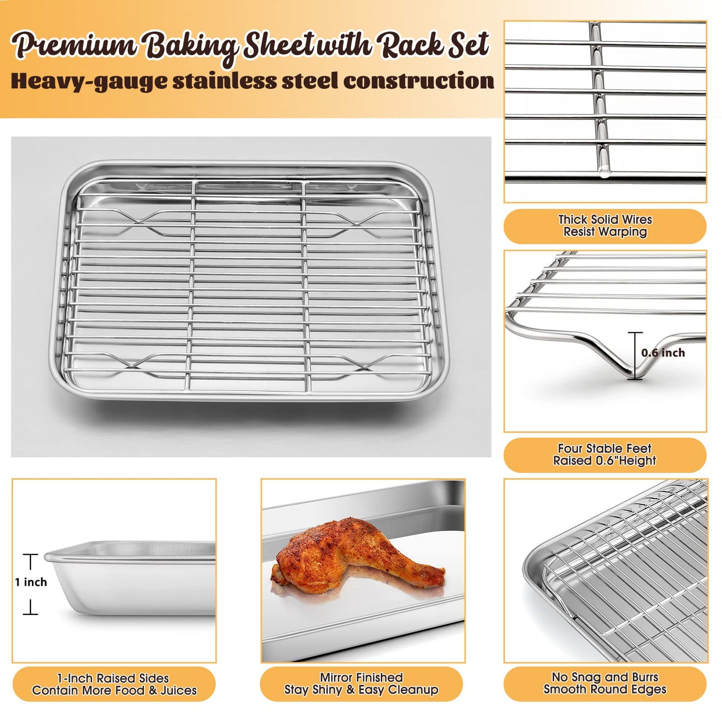 E-far Cookie Sheet with Rack Set, Half Sheet Baking Pan for Oven Cooking, 18”x13” Stainless Steel Rimmed Tray with Wire Cooling Rack for Roasting Broiling Bacon Meat Steak - Dishwasher Safe BST220