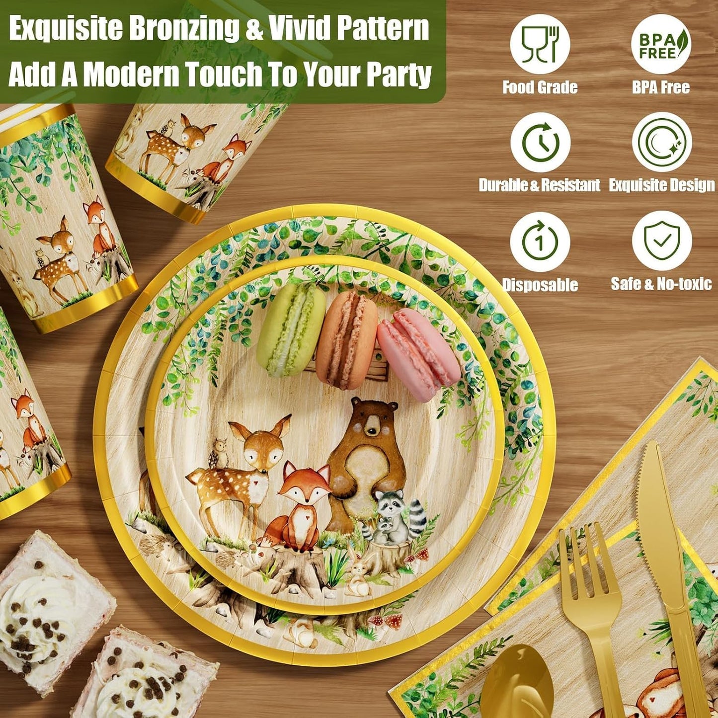 Woodland Baby Shower Decorations Supplies - 175PCS Forest Animal Disposable Dinnerware Set (25 Guest) With Gold Paper Plates Cups Napkins Plastic Fork Knives Spoon for Baby Boy Birthday Party BST326H