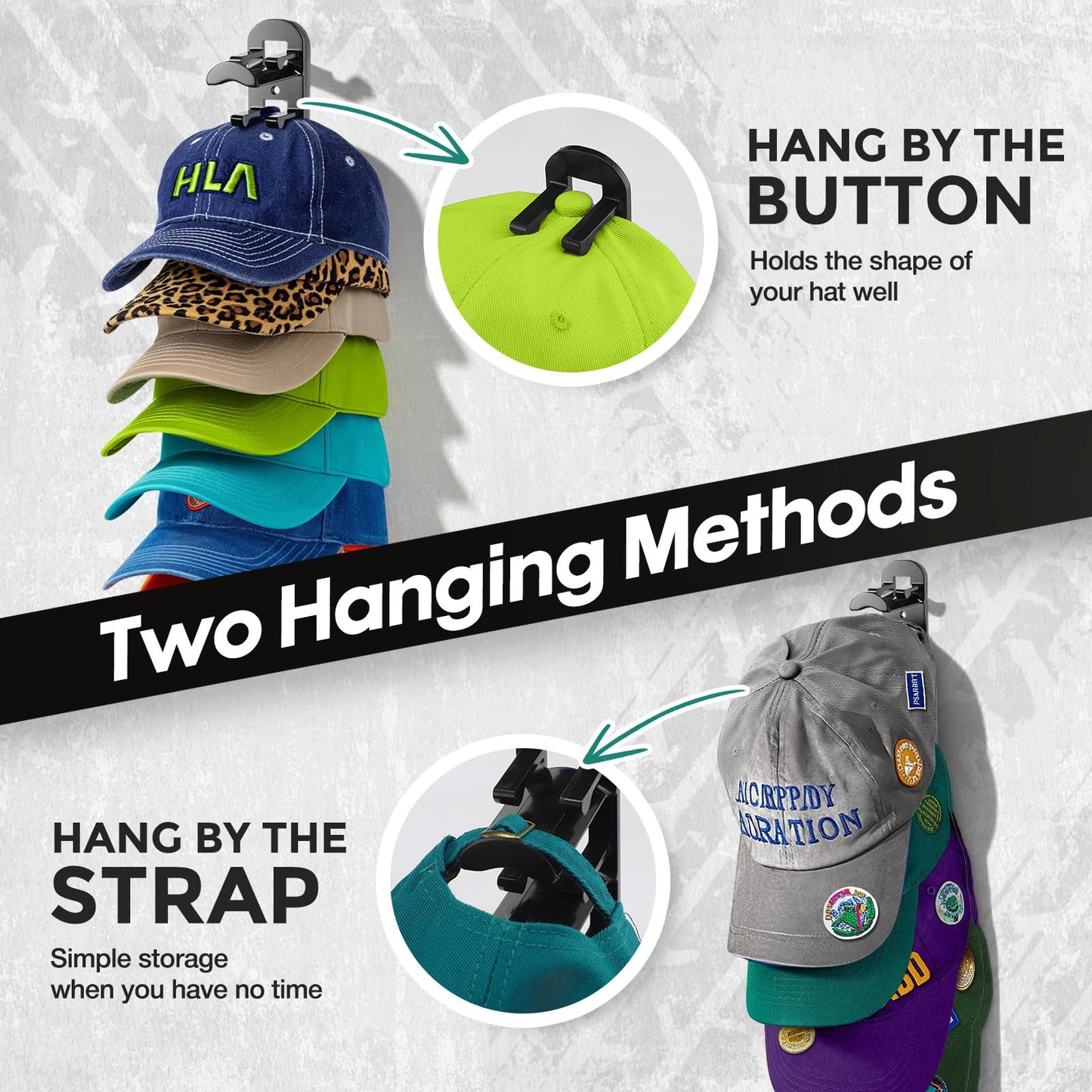 Hat Hook for Wall, 2 Pack Hat Organizer Hold up to 20 Hats,Hat Holder with Strong Adhesive and 8 Pack Screws, Cap Holder Hat Hangers for Wall Closet Door and Bedroom(B-Black) BST220