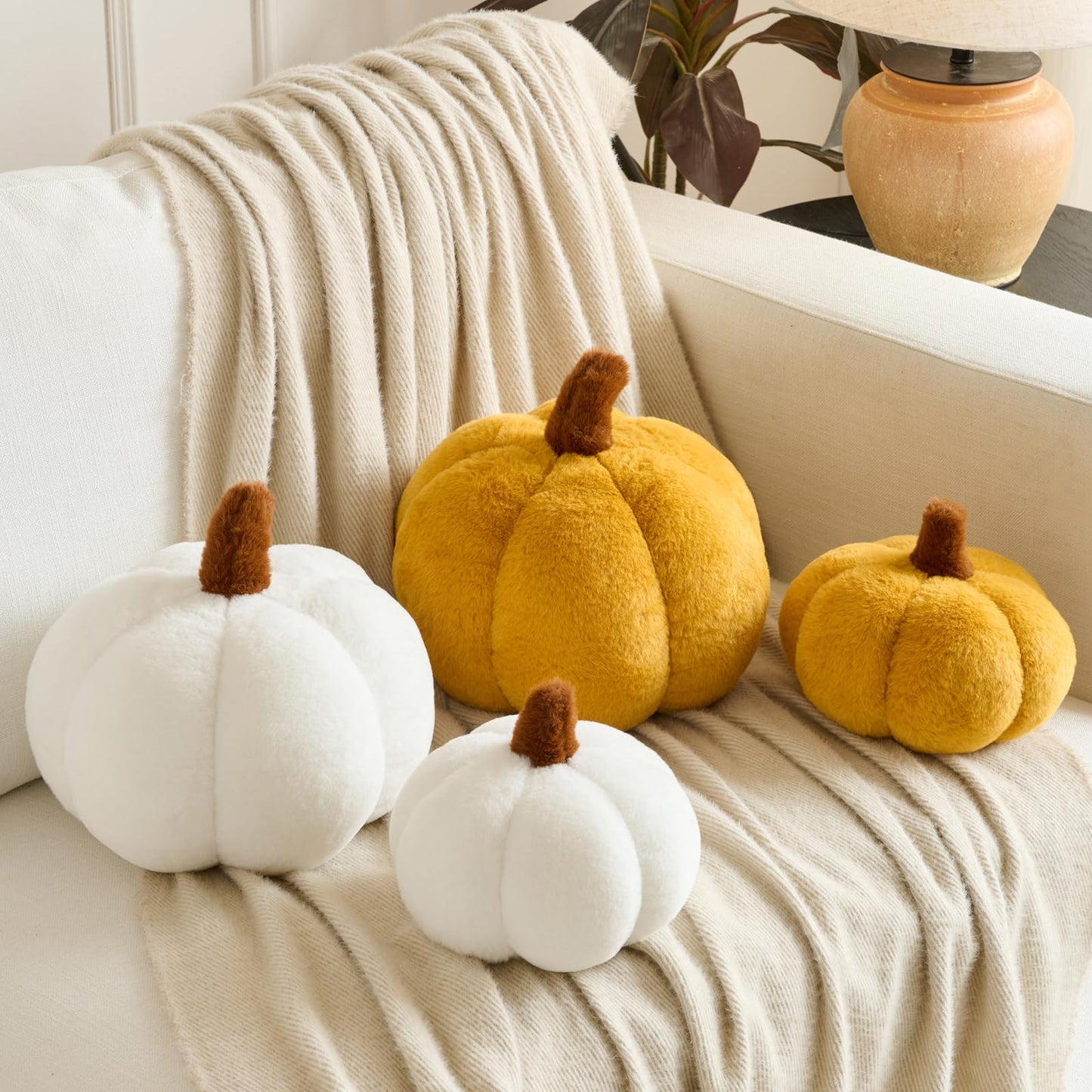 Pumpkin Pillows, Halloween Fall Throw Pillow, Pumpkin Shaped Pillow for Couch, Cute Stuffed Pumpkins, Autumn Decorative Cushion (White, 11 Inches) WN420