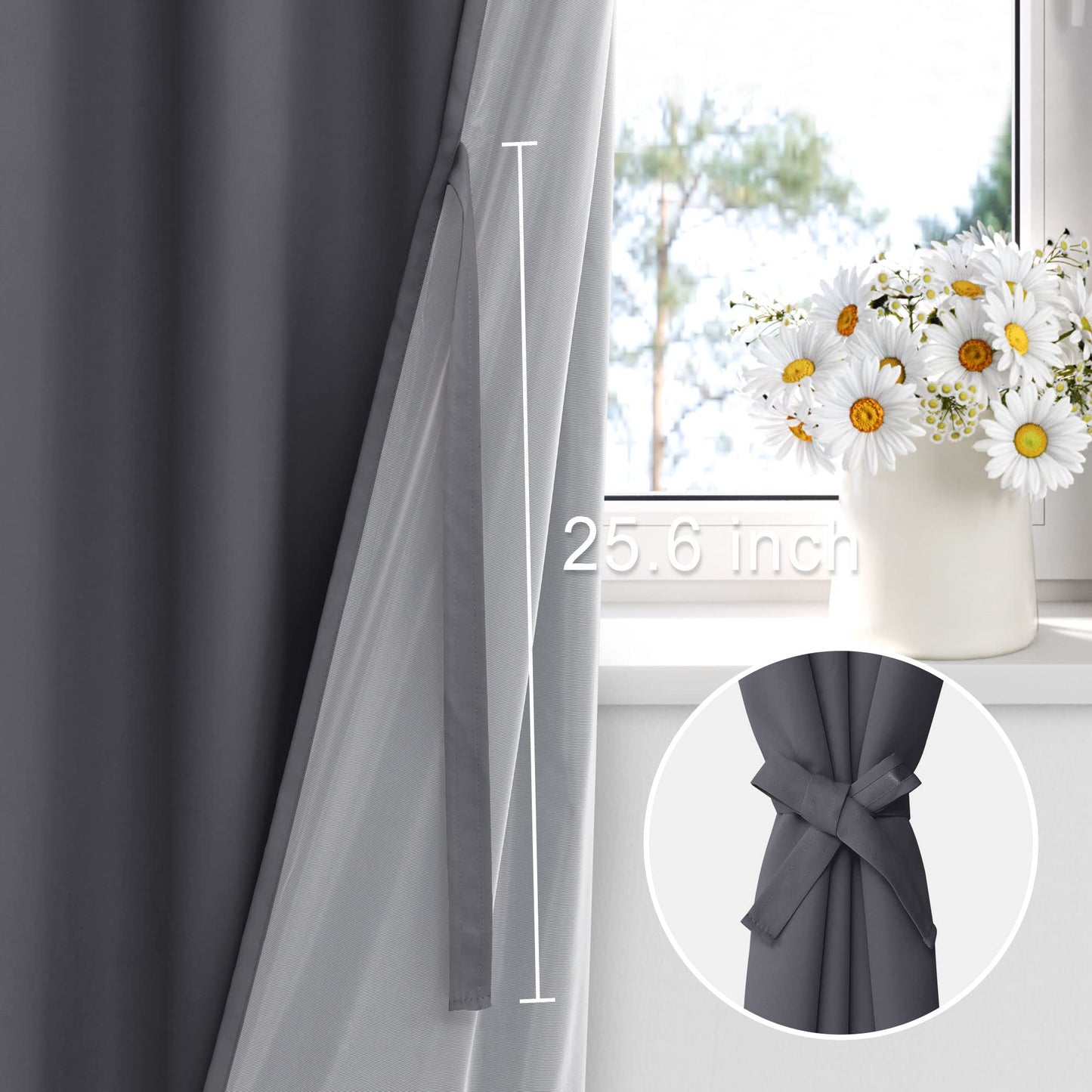 XWZO White Blackout Curtains with Tiebacks - Rod Pocket & Back Tab Heat and Full Light Blocking Window Panels for Bedroom/Nursery, 84 Inches Long Thermal Insulated Draperies, W42 x L84, Set of 2 BST326H