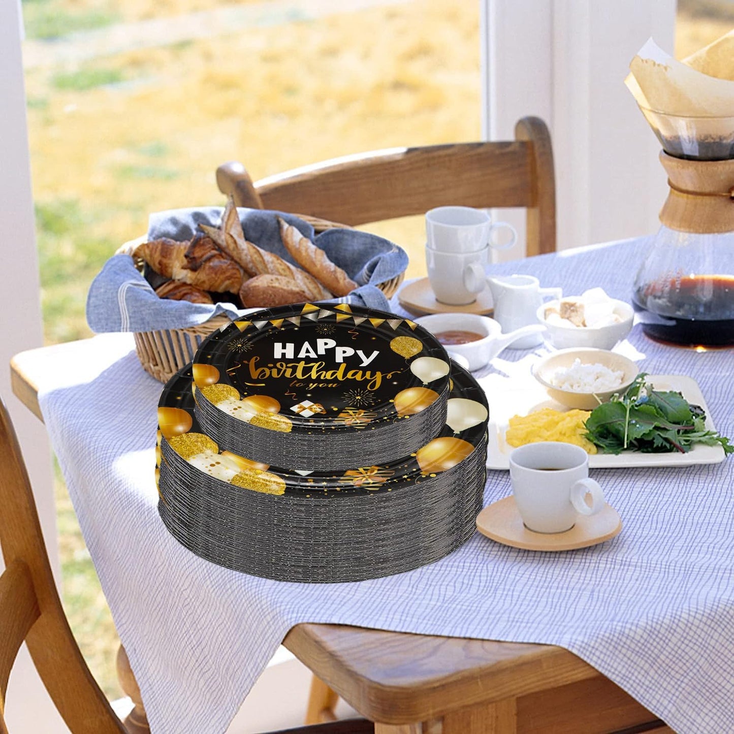 150Pcs Black & Gold Party Supplies - Happy Birthday Set with 9" & 7" Plates, Napkins, Knives, Forks, Spoons for 30th-80th Anniversary Decor BST326H