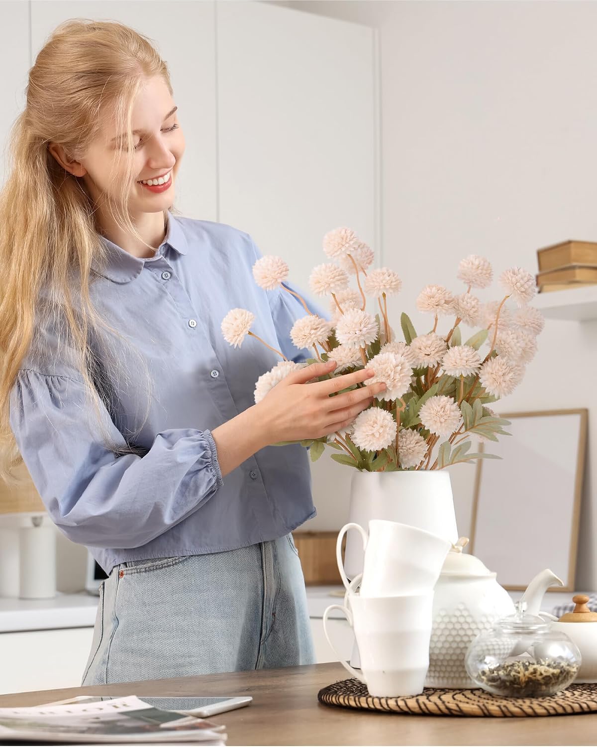 Beige Faux Silk Mums Artificial Flowers, 8Pcs Fall Fake Kiku Small Mini Chrysanthemum Pom Pom Stems for DIY Bouquets Centerpieces Vase Autumn Home Decorations Floral Arrangement BST202