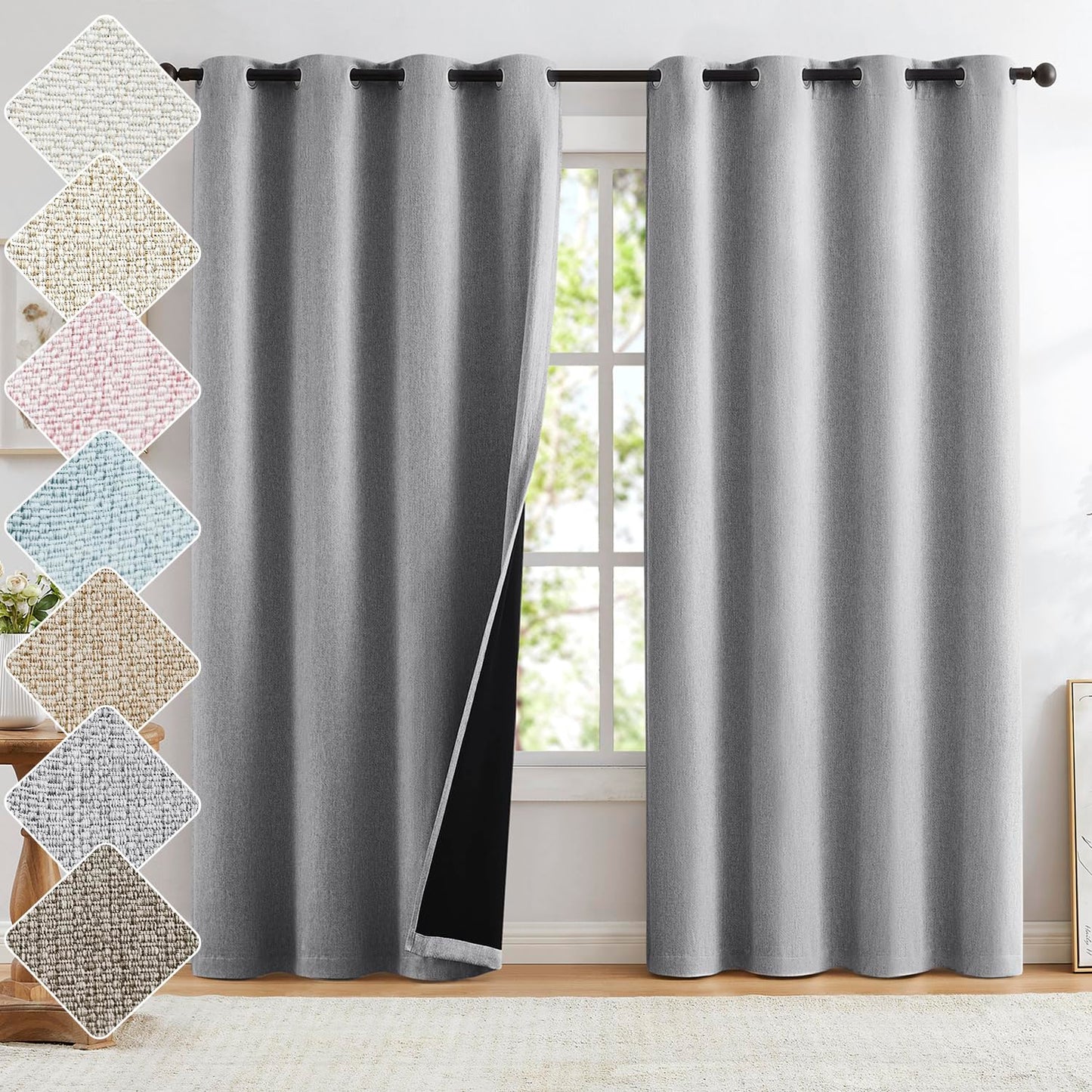 Grey Full Blackout Linen Curtains 84-inch-Long Thermal Insulated Noise Reducing Bedroom Drapes Rustic Farmhouse Triple Weave Window Treatment Set for Theatre, Nursery, 40"x84"x2, Grey BST202
