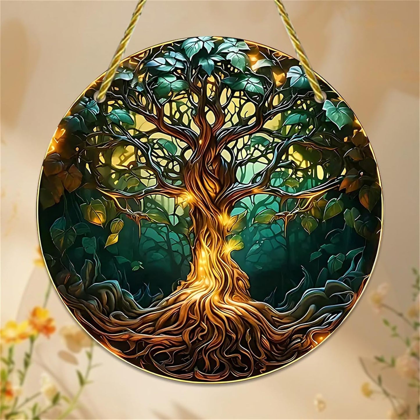 Tree of Life Suncatcher for Windows Large Round Stained Window Hanging Acrylic Panels Bedroom Garden Kitchen Wall Decor Gifts for Women Mom Grandma Teacher, Coloured BST220