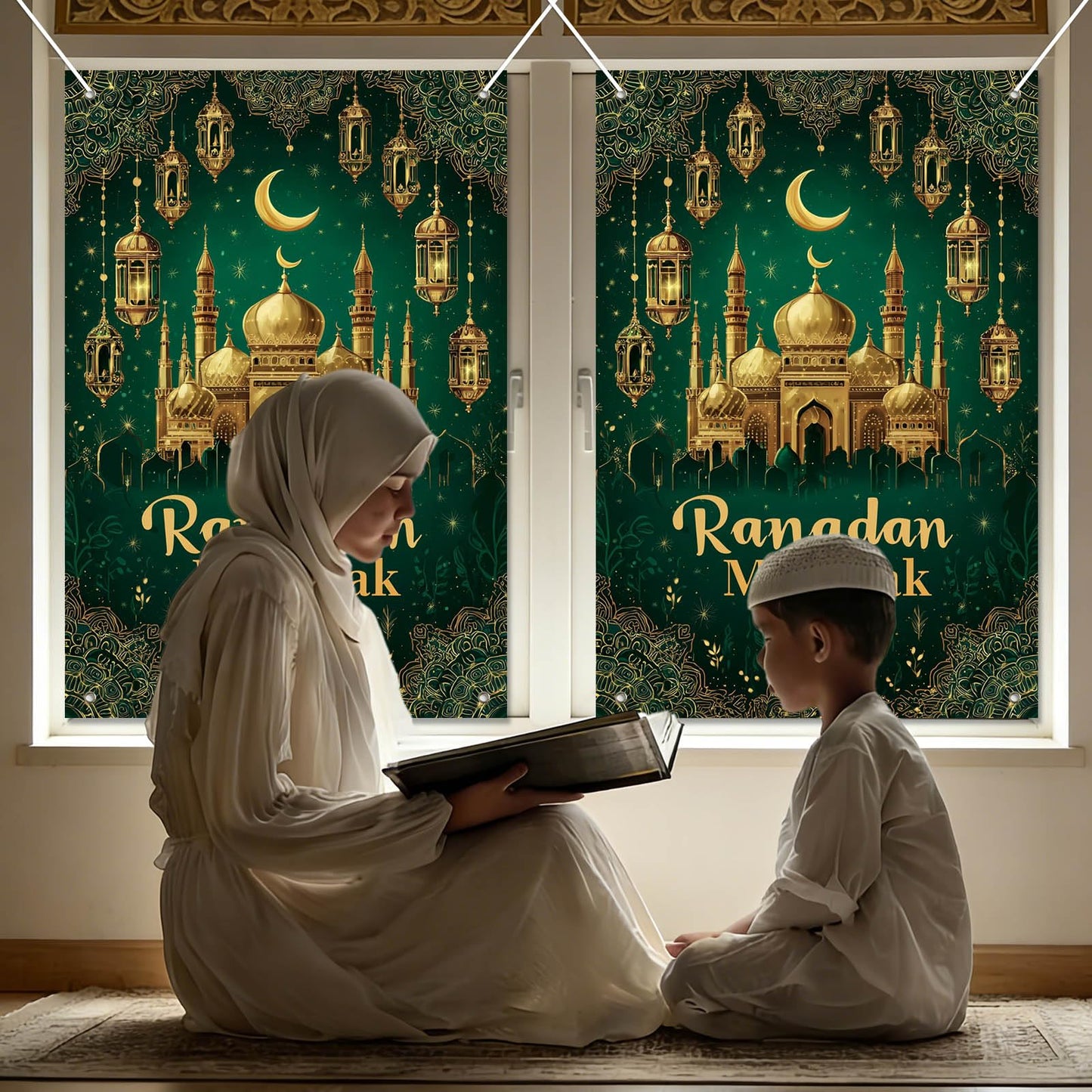 HOMETITUTE Eid Ramadan Window Banner Holiday Curtain Backdrop 31x47 Fabric | Mubarak Cover Festival Screen Windows Banner Hanging Living Room Bedroom Home Crescent Moon Star Pattern Design BST326H