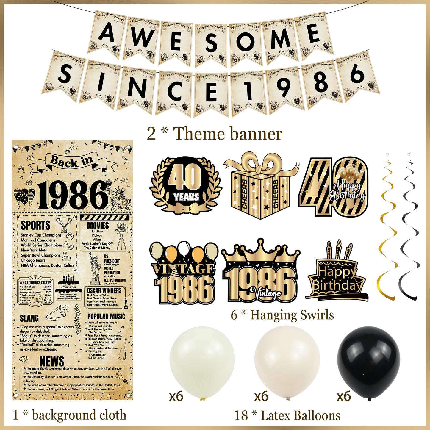 Happy 40th Birthday Decorations Men - 27 Pcs Retro Newspaper Theme Awesome Since 1986 Letter Banners Hanging Swirls Backdrop Latex Balloons for Men Women 40 Years Old Birthday Party Decor Supplies BST326L