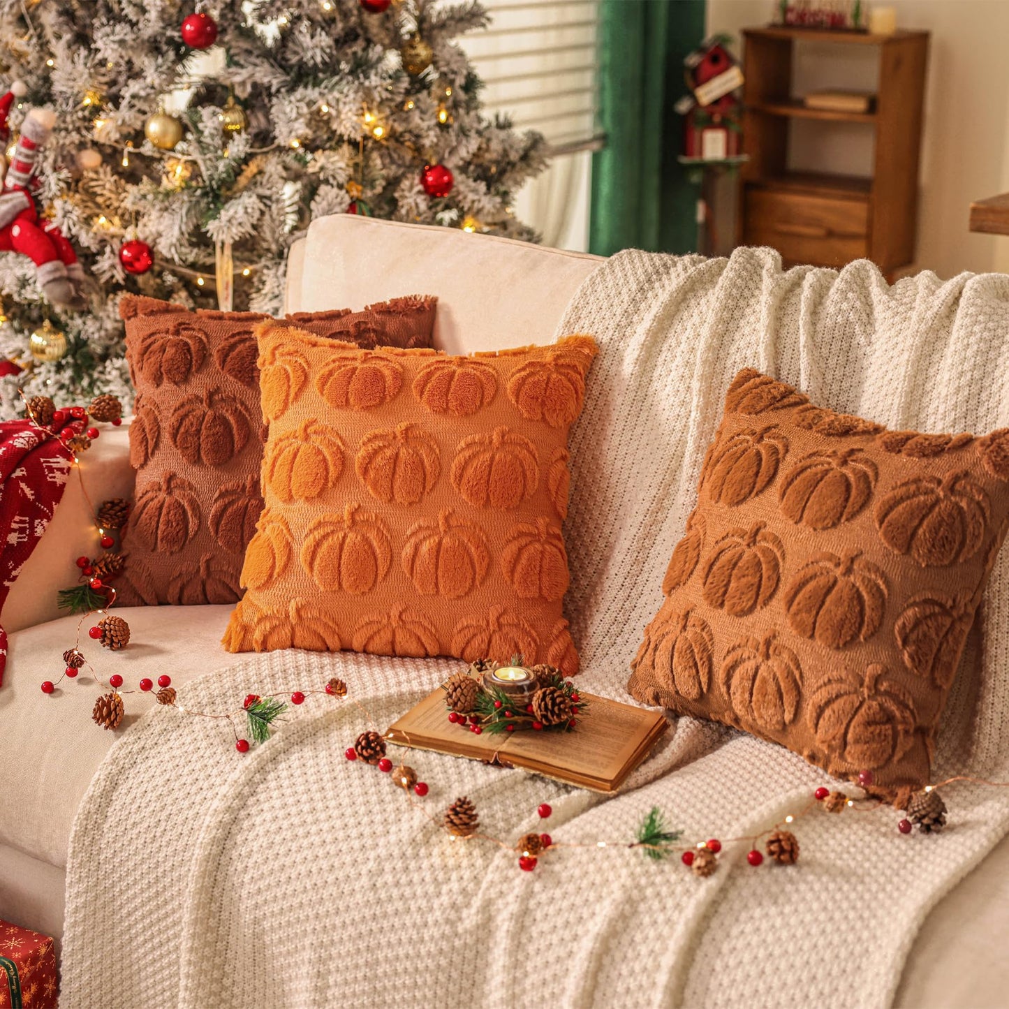 Cream White Fall Pumpkin Decorative Throw Pillow Covers Set of 2, 18x18 Inch Soft Plush 3D Embroidered Halloween Pillow Covers for Fall Decorations Farmhouse Cushion Covers for Thanksgiving BST220
