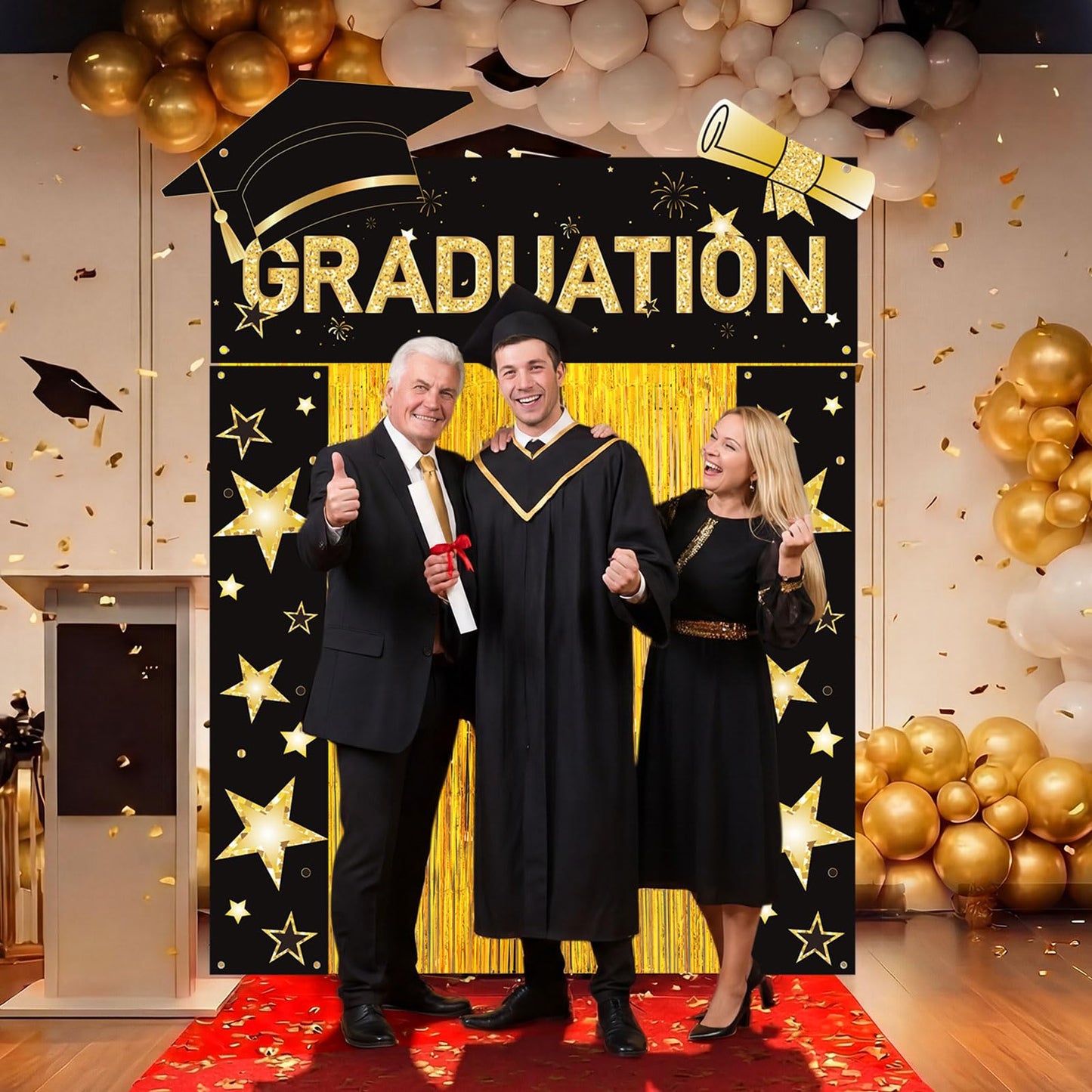 HunnmingRe 7 Pcs 2026 Graduation Party Decoration Include Class of 2026 Graduation Door Porch Banner, Gold Fringe Curtain, Red Carpet, Grad Photo Backdrop for College School(Red) BST202