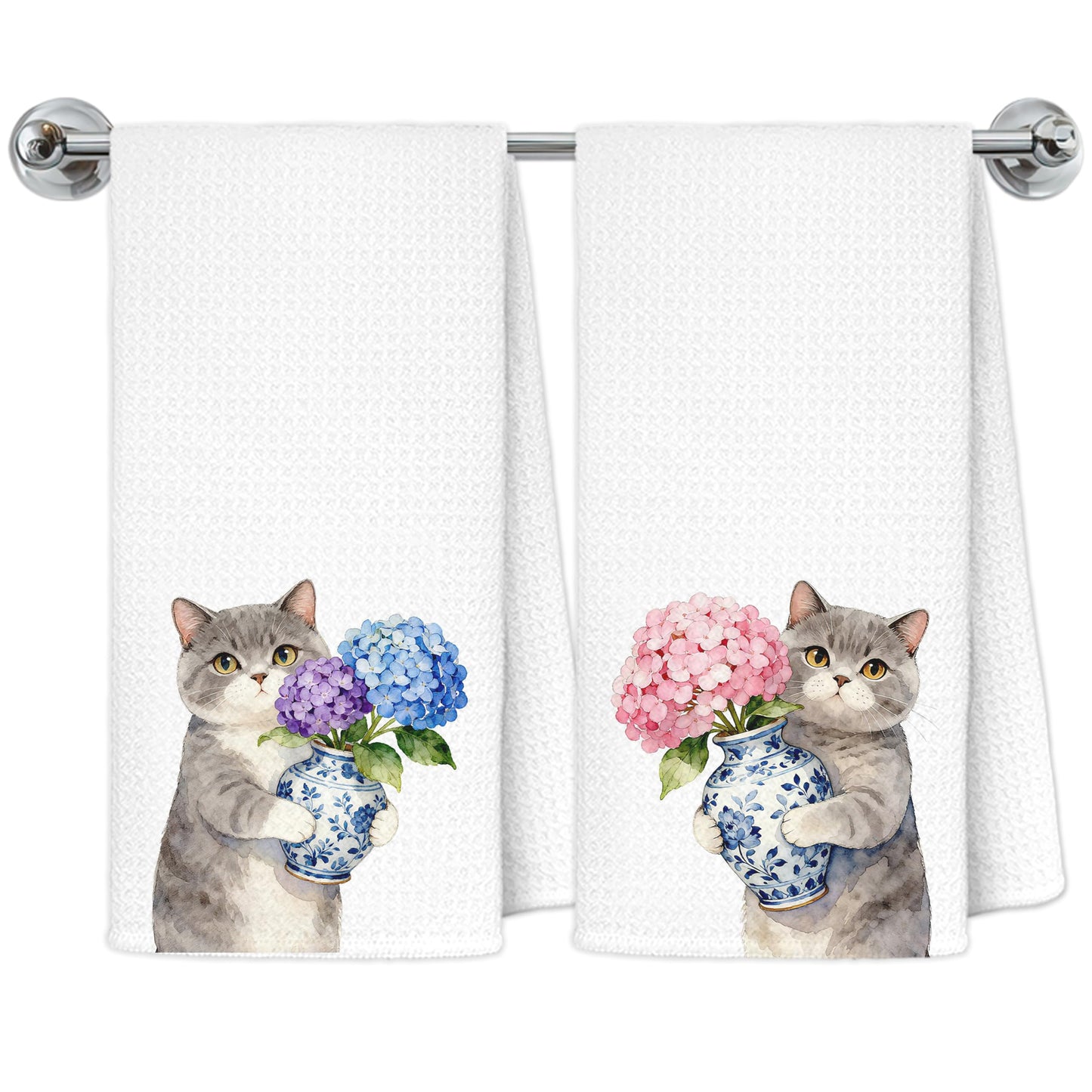 Blue and White Chinoiserie Orange Cat Bathroom Hand Towels, Orange Cat Gifts, Funny Oriental Kitty Decorative Hand Towels Bathroom Restroom Washroom Yoga Spa Zen Decor, 16x24 Inch BST326L