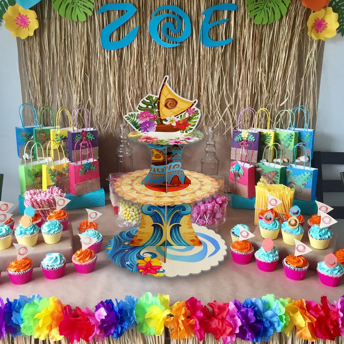 Tropical Hawaiian Birthday Cupcake Stands, Cartoon Movie Theme 3 Tier Paper Cupcake Rack Tropical Flower Party Decorations for Baby Shower Boys Girls Birthday Party Supplies (Fantasy Style) BST220