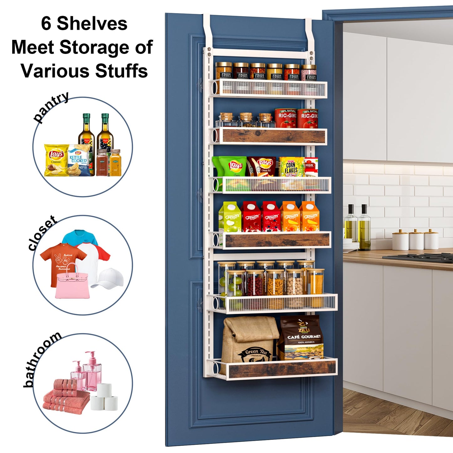 6 Tier Pantry Door Organizer Spice Rack, 2-IN-1 Wall Mount or Hanging Over Door Seasoning Organizer with Adjustable Baskets, Heavy Duty Behind Door Storage Shelves for Pantry, Cabinet and Kitchen BST220