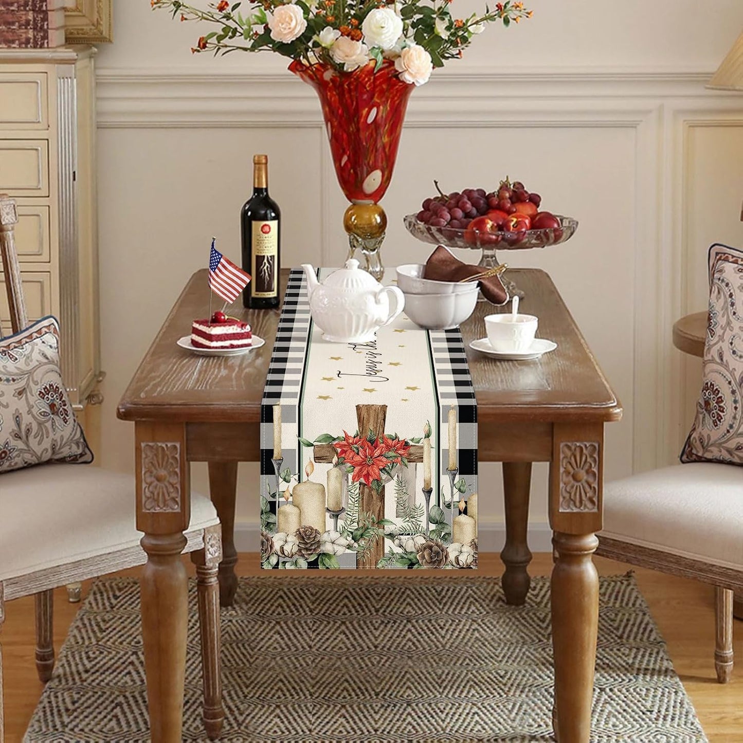DLZDN Christmas Cross Table Runner Jesus is The Reason for The Season Table Runner Rustic Buffalo Plaid Christmas Winter Religious Home Kitchen Dining Table Home Party Decor 13x72 Inch BST202