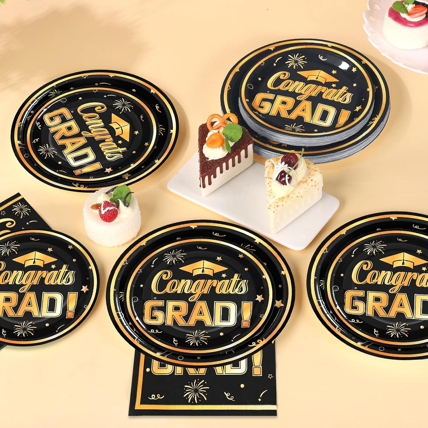 60Pcs Black Graduation Plates and Napkins 2026, Black and Gold Congrats Grad Class of 2026 Paper Plates Napkins Sets for College High School Graduation Party Decorations,Serves 20 BST326L
