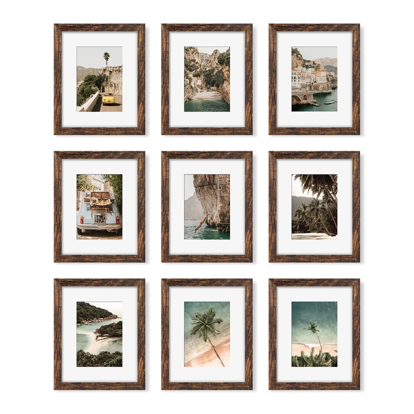 YESKAY 8x10 Picture Frame Set of 9, Display Pictures 5x7 with Mat or 8 x 10 Without Mat, Multi Photo Frames for Wall Mounting or Table Top Display, Blue BST326H