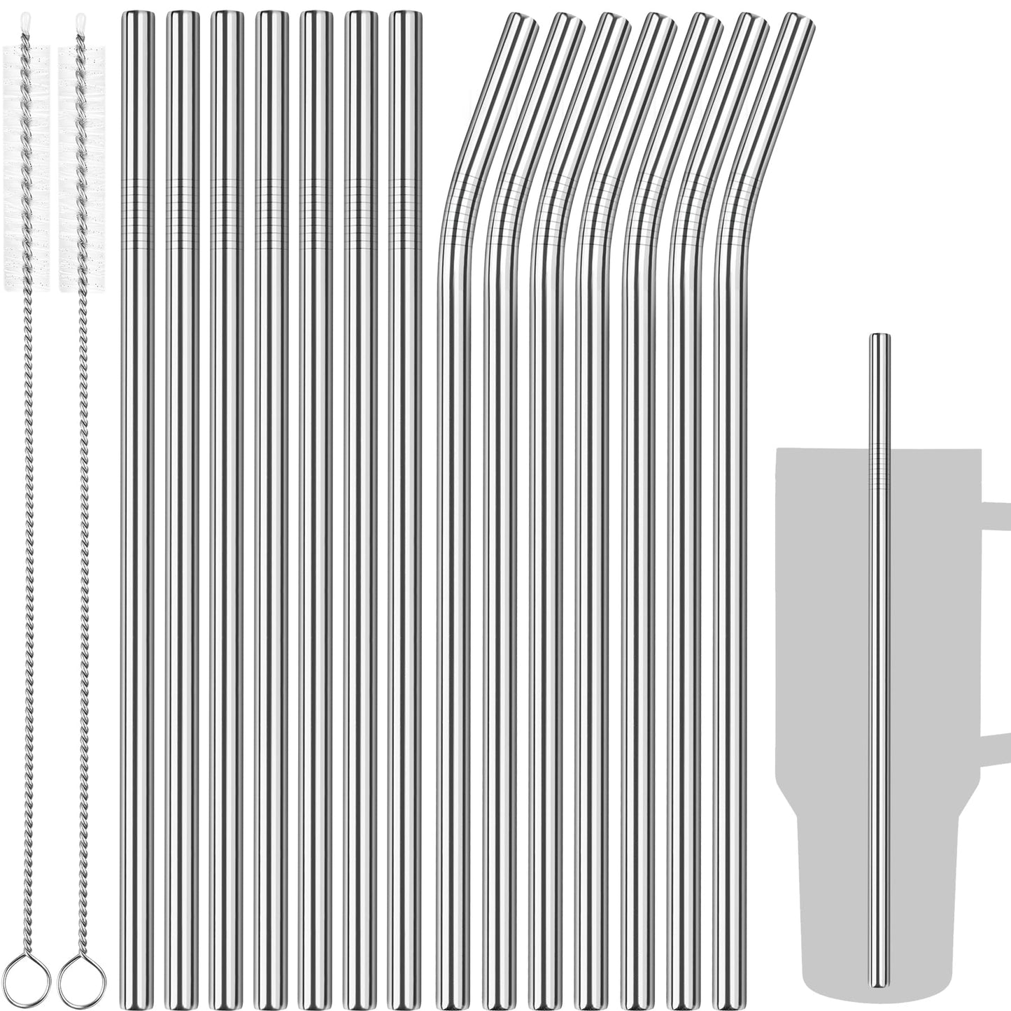 Tomorotec 14PCS Stainless Steel Straws Fit for 30oz Stanley Tumblers | 11" Reusable Drinking Straws with Brush, 7 Bent & 7 Straight for Smoothies, Milkshakes, Coffee, Dishwasher Safe (Metallic) BST326L