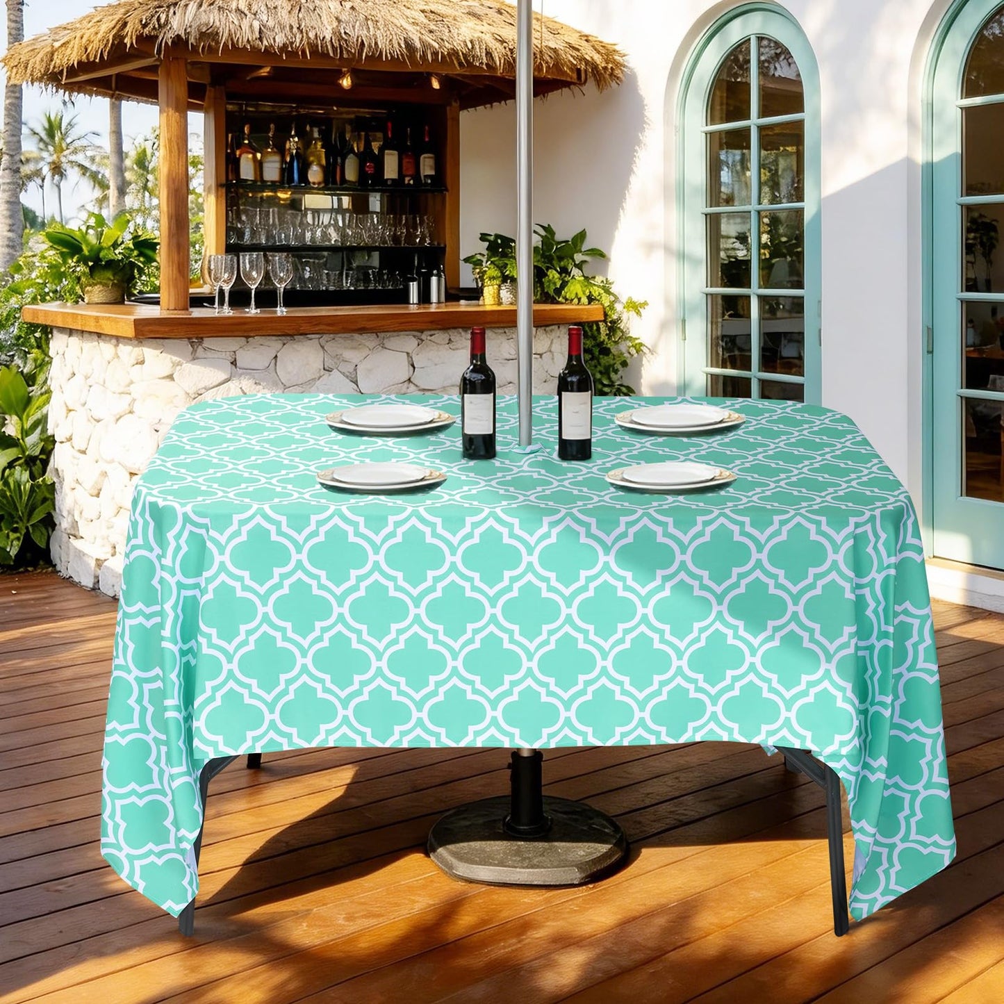 Eternal Beauty 52” Round Tablecloth Waterproof Outdoor Tablecloth with Umbrella Hole Zipper for Spring Summer Patio Picnic Tables (Tropical Palm Leaf) BST326H