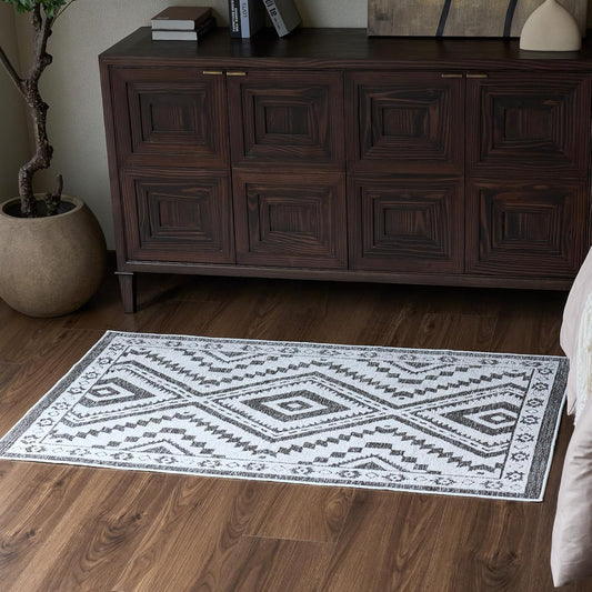 Moroccan Washable Area Rug 3x5, Geometric Tribal Decorative Woven Rug, Non-Slip Boho Farmhouse Soft Low-Pile Area Rug for Living Room Bedroom Nursery Dining Table, Dark Brown/White BST326H