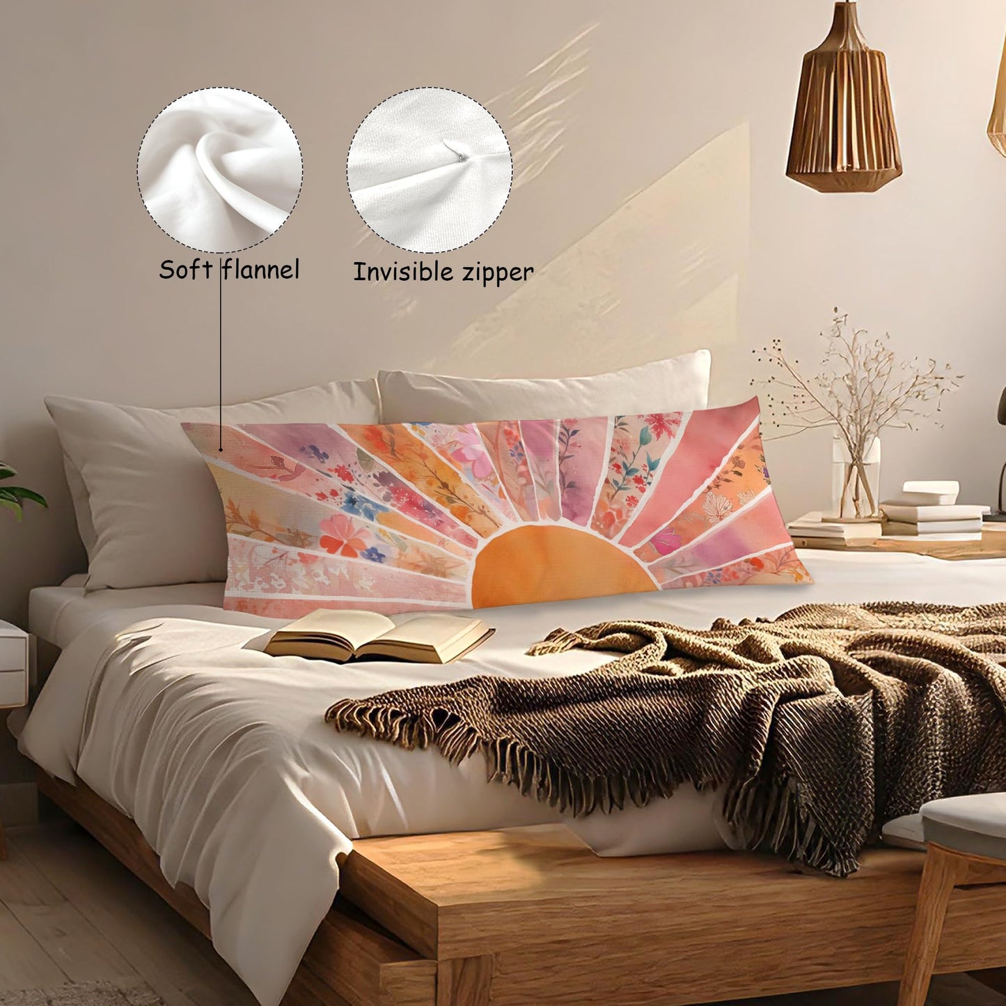 Boho Sun Sunshine 21x54 Body Pillow Cover Case, Modern Neutral Boho Horizontal Sun Sunset Sunrise Decorative Long Hug Pillow Cases for Bed Couch BST220