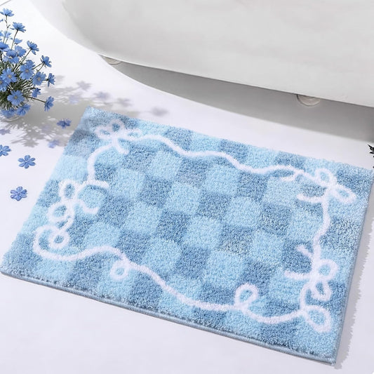 Breling Blue Checkered Bathroom Mat with Bows 16" x 26" Non Slip Blue Plaid Bath Mat Fluffy Microfiber Absorbent Bath Rug for Bathroom Floor Shower Kitchen Bedroom Home Decor BST220