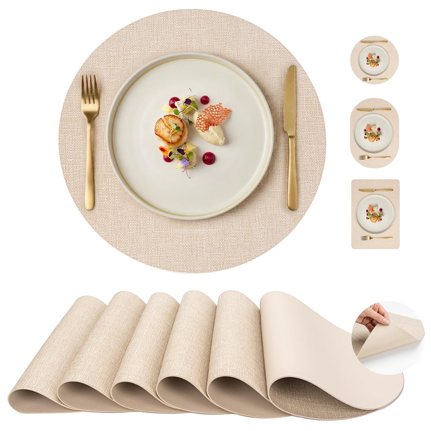 Faux Leather Placemats Set of 6, Wipeable Waterproof Stain Resistant Table Mats, Heat Resistant Thick Placemats with Hand-Painted Edges for Kitchen Dining, Imitative Linen Texture, Various Shapes BST326H
