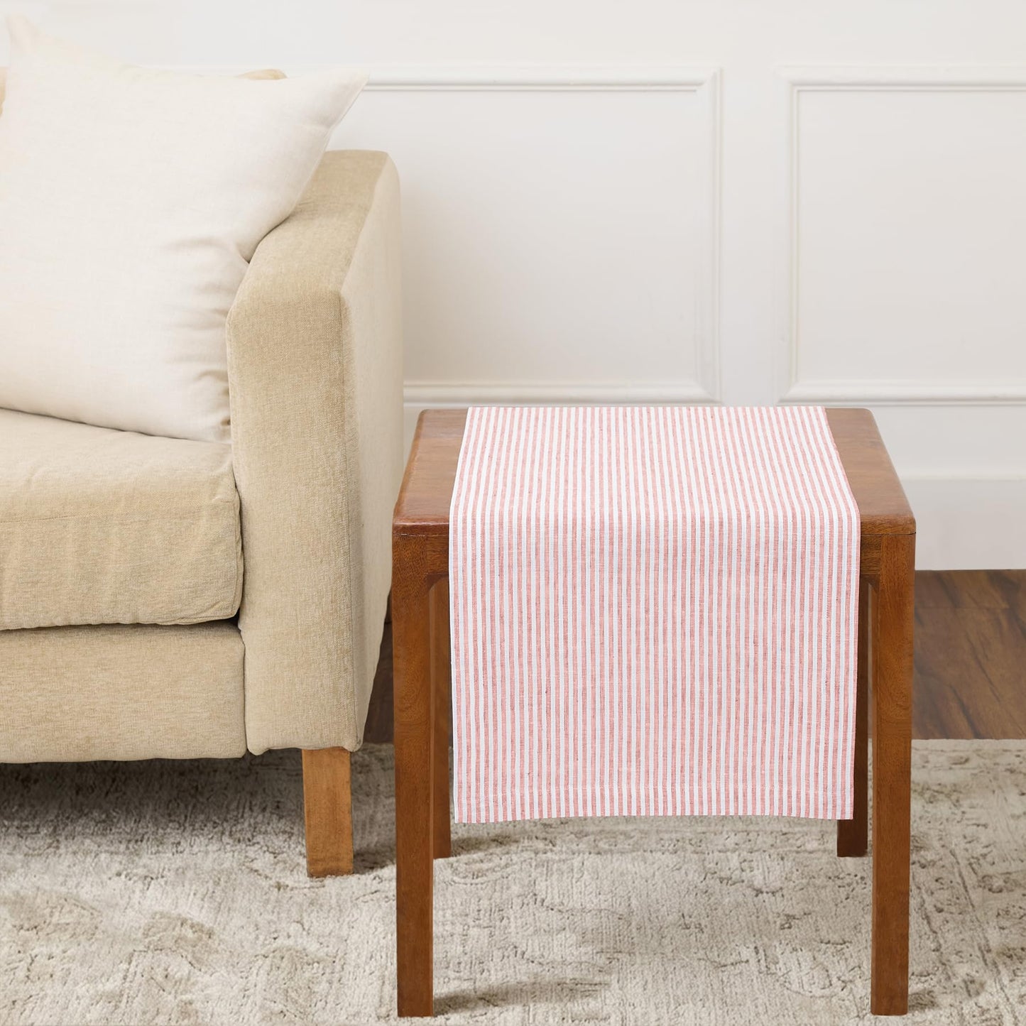 Solino Home 100% Pure Linen Table Runner Stripe Striped, Julia 14 x 72 in | Table Runners for dining, hallway and console tables; woven stripe, mitered corners; Muted Pastel Stripe; OEKO-TEX Certified BST326SOLH