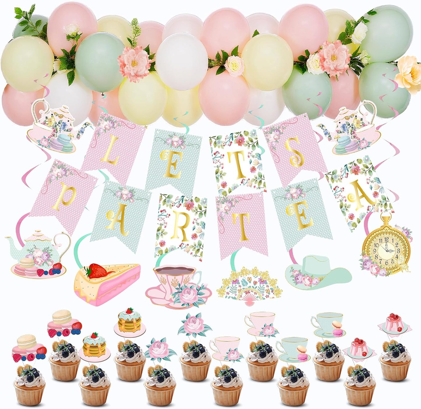 47Pcs Tea Party Decorations Set Floral Garden Party Decor with Balloon Arch, Banner, Cake Toppers, Hanging Swirls for Birthday, Bridal Shower, Baby Shower BST202