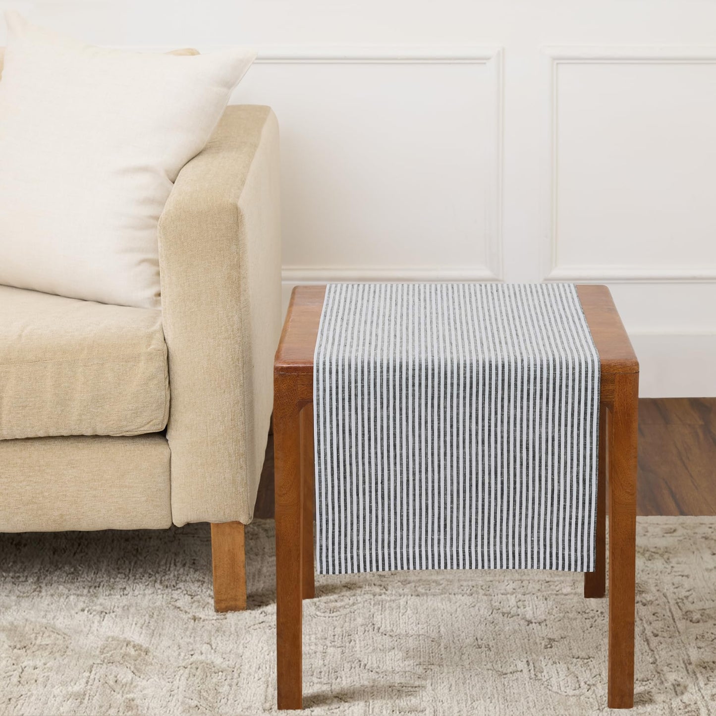 Solino Home 100% Pure Linen Table Runner Stripe Striped, Julia 14 x 72 in | Table Runners for dining, hallway and console tables; woven stripe, mitered corners; Muted Pastel Stripe; OEKO-TEX Certified BST326SOLH