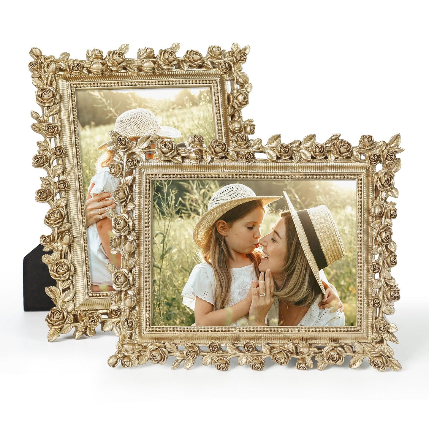 5x7 Wedding Picture Frame Gold,2 Pack Small Frame for Gallery Decor | Durable Resin Material,Tabletop & Wall Display,Real Glass,Rose Floral Design,Antique Brass Finish,Wedding Arrangement Decor BST326H
