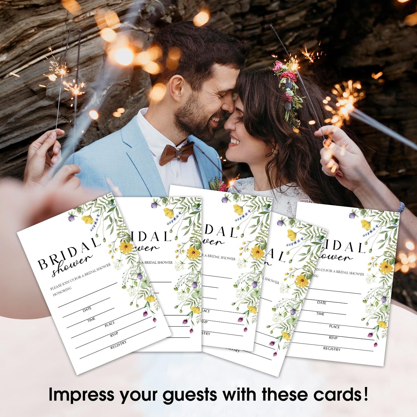 50 Years Anniversary Bridal Shower Invitations Cards, Set of 25 Gold Foil Floral Fill in Style 50th Year Wedding Invites Cards with Envelopes for Couples Marriage Party Supplies-T05 WN420