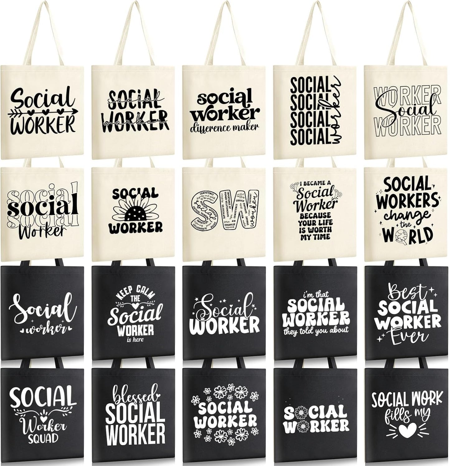 Paterr 20 Pcs Social Worker Appreciation Gift for Women Thank You Social Worker Gifts Canvas Tote Bag Bulk(White, Black) BST326H