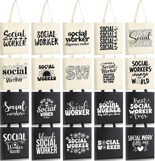 Paterr 20 Pcs Social Worker Appreciation Gift for Women Thank You Social Worker Gifts Canvas Tote Bag Bulk(White, Black) BST326H