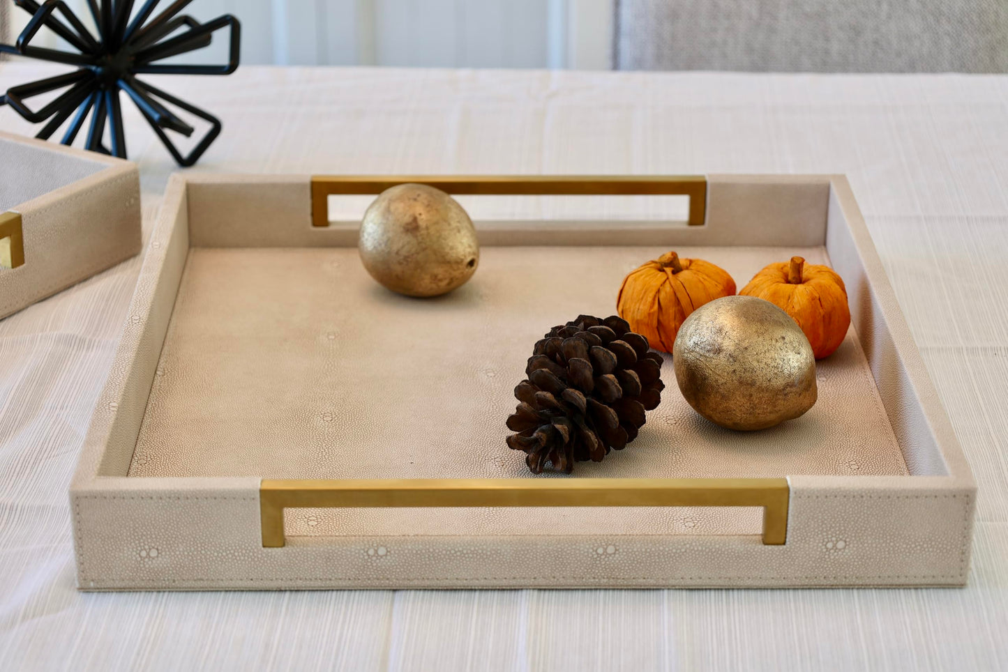 Sagala 16"x16" Ivory Shagreen Leather Serving Tray with Handles for Ottoman Coffee Table, Stylish Decorative Tray for Living Room Modern Home Decor (Ivory-Black, Square 16") BST220