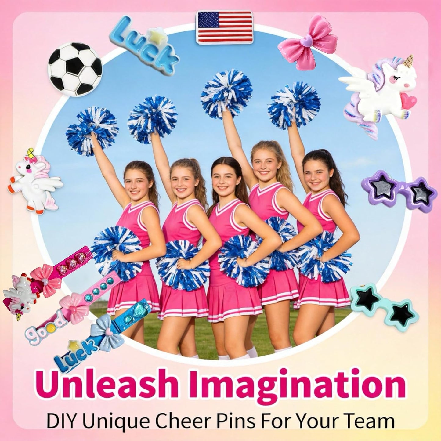 50pcs Cheer Pins Kit: Wooden Cheer Clothes Pins (2.8 inches) with Over 380 Unique Clip Charms, Including Cheer Pins for Cheerleaders, Zodiac Symbols, American Flag, Glowing Ducks and Turtles BST326H