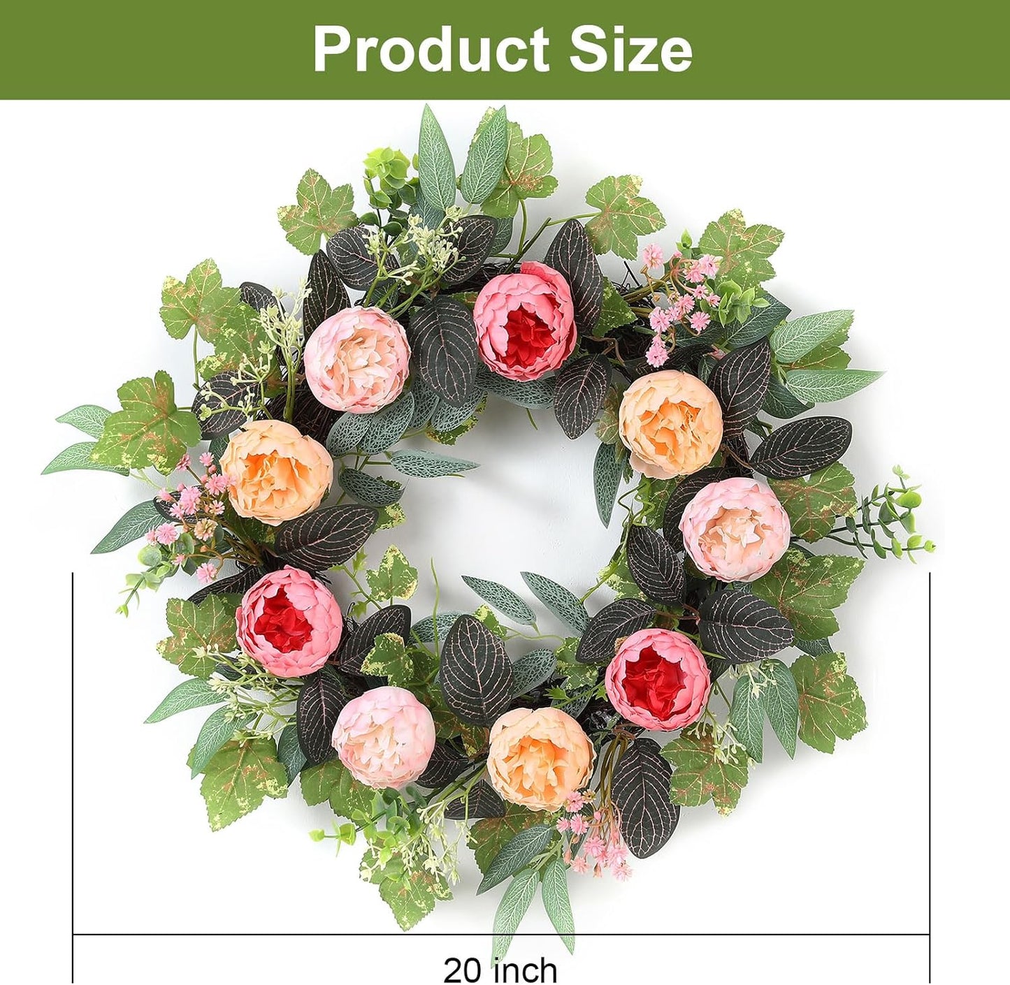 20" Peony Wreath for Front Door – Spring Summer Artificial Pink Peony Floral Wreath for Wall, Window, and Wedding Decor WN420