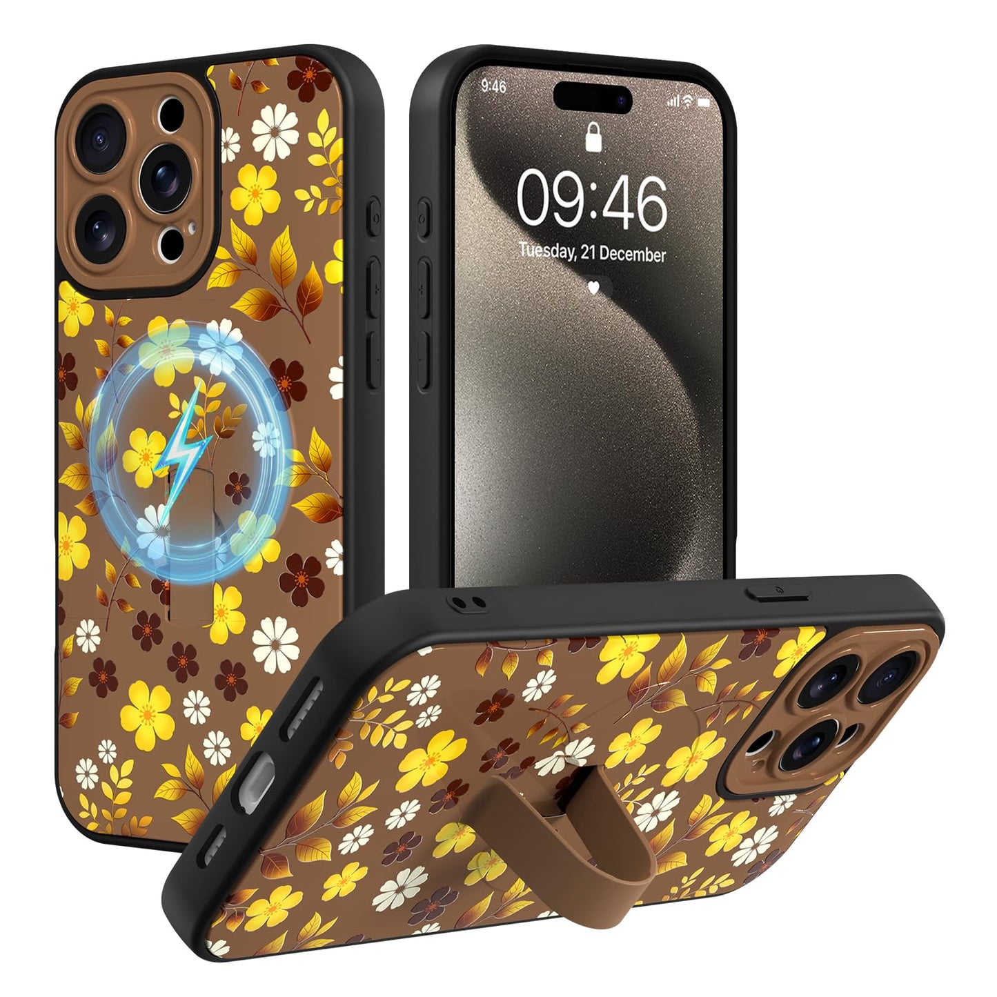 Compatible with iPhone 13 Case, Cute Cheetah Leopard Pattern | Built in Adjustable Wrist Strap Grip Hand Holder Stand Shockproof Kickstand Cover for Women Girls (Black White) WN420