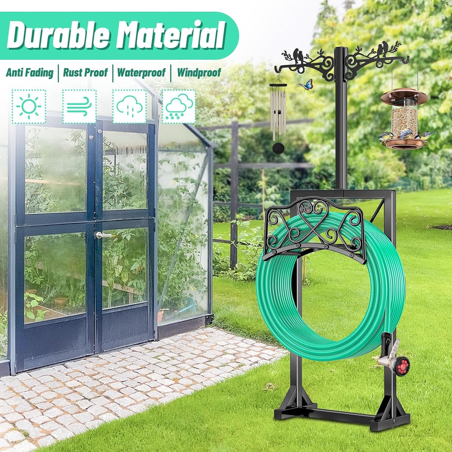 Garden Hose Holder, Freedstanding Heavy Duty Garden Water Hose Holder Stand with 2 Shepherds Hooks, Detachable Metal Hose Storage Hanger Rack for Outside Yard Lawn Farm DD1210