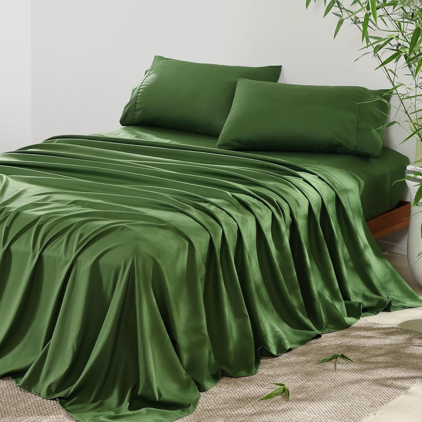 4 Piece Twin Size Sheet - Cooling Bed Sheets Set, Blend Rayon Derived from Bamboo, Breathable Soft Hotel Luxury Bedding & Pillowcases, Silky Fit 16 inch Extra Deep Pocket, Oeko-Tex - Olive Green BST326H