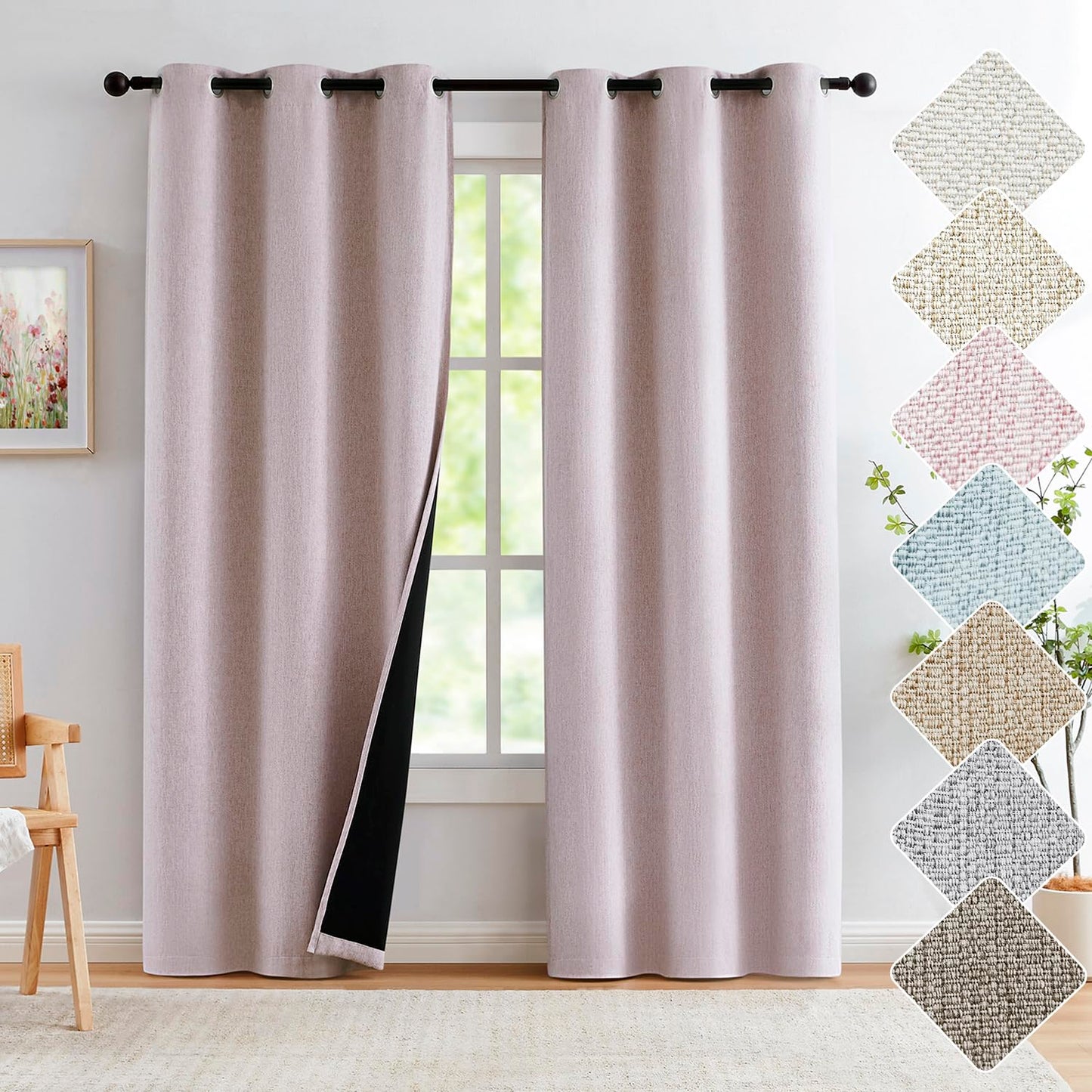 Grey Full Blackout Linen Curtains 84-inch-Long Thermal Insulated Noise Reducing Bedroom Drapes Rustic Farmhouse Triple Weave Window Treatment Set for Theatre, Nursery, 40"x84"x2, Grey BST202