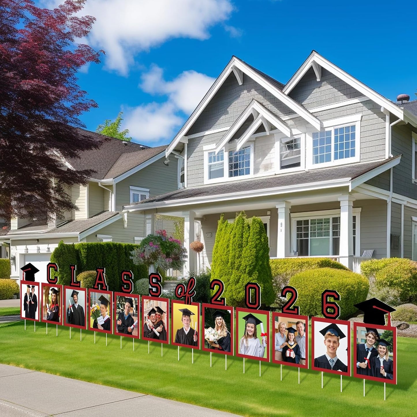 12 Pcs Graduation Photo Yard Sign Decorations 2026, K-12 Grade Graduation School Picture Frame Lawn Sign with Stakes for Kindergarten Middle High School Class of 2026 Grad Party Decorations, Red WN420