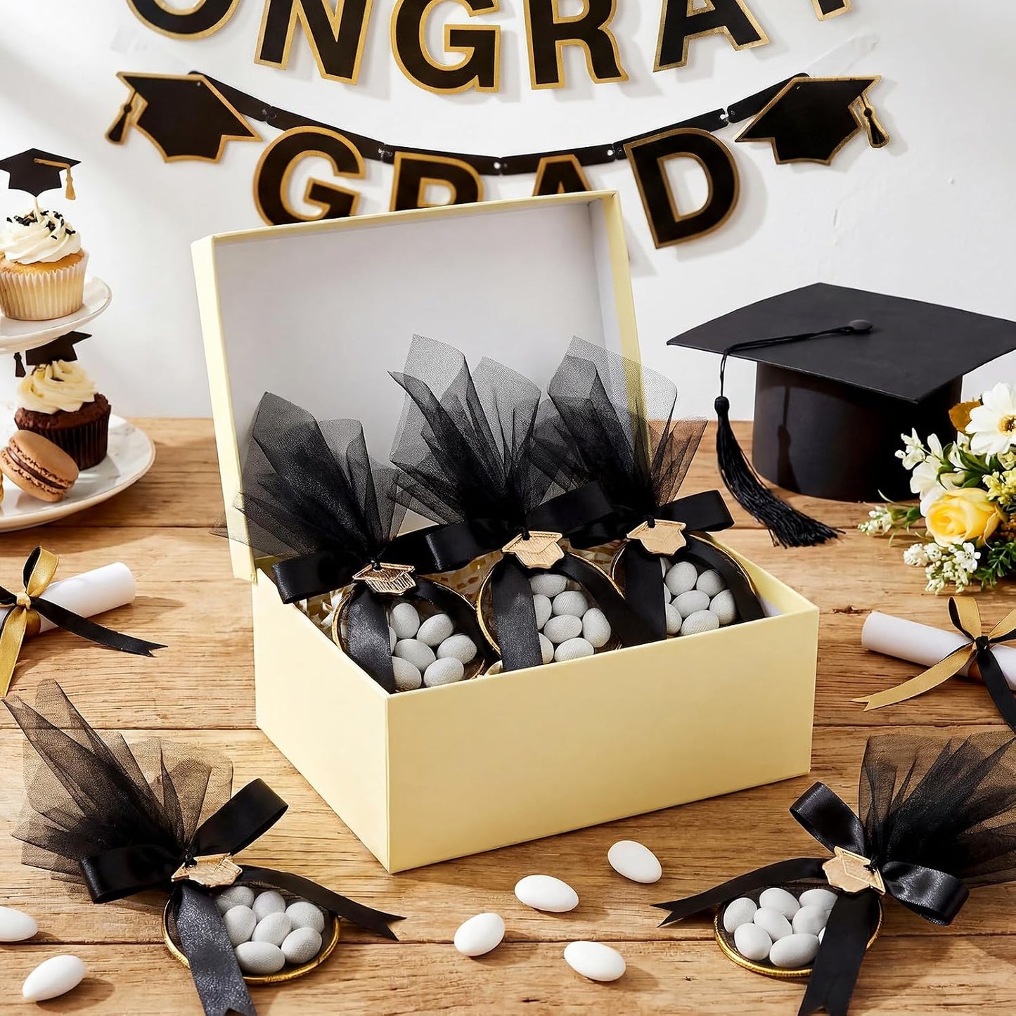 Leinuosen 30 Set Graduation Almond Candy Favors with Ring Tulle Bag DIY Marzipan Souvenirs for Class of 2026 Party Graduate Tradition Favors No Almond Candy (Black,Golden) WN420