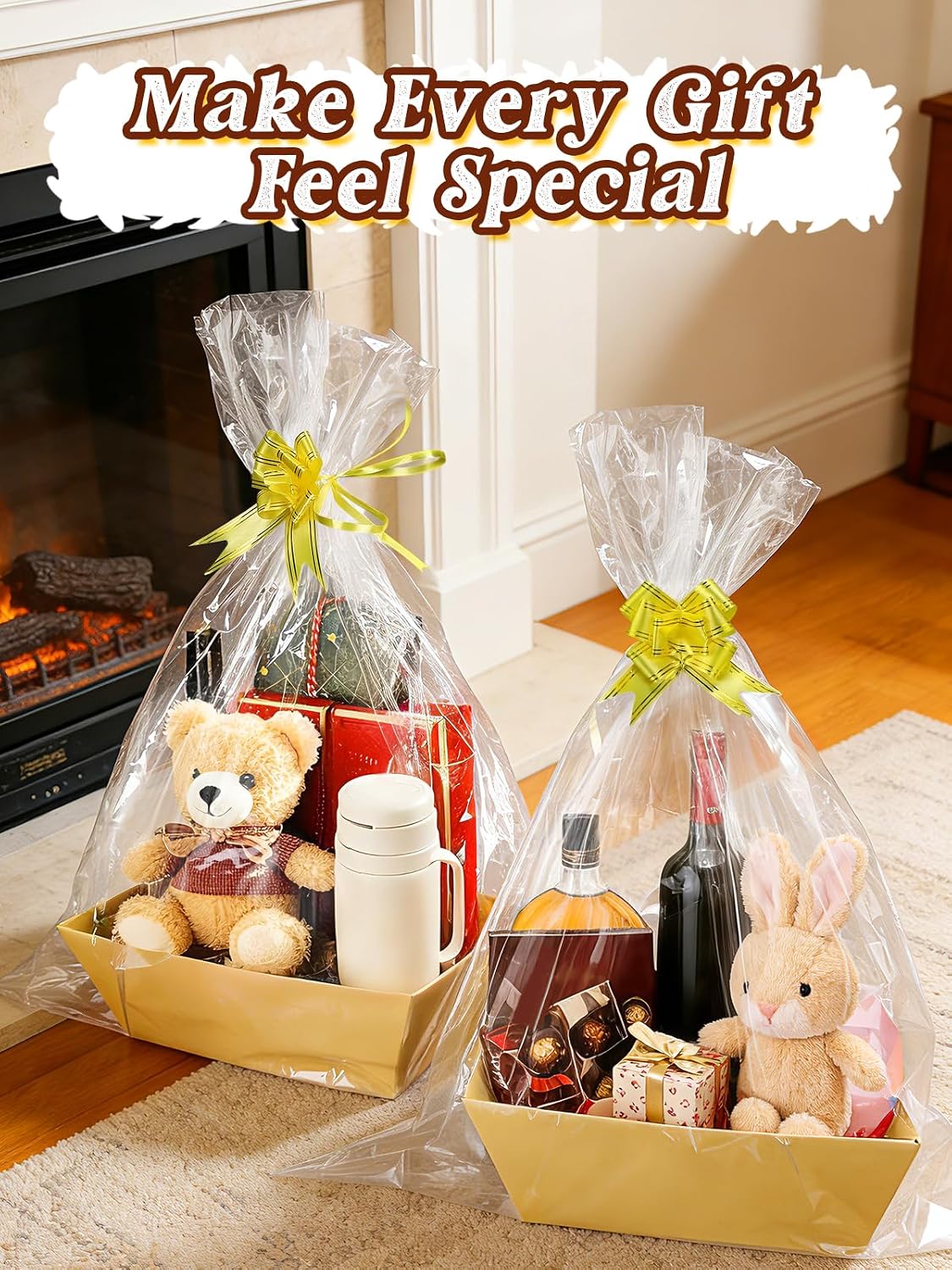 Beeplove 6 Sets Large Thick Kraft Baskets for Gifts Empty - Gift Baskets Empty Kit with Cellophane Wrap and Pull Bows for Easter Wedding Birthday Bridesmaid Baby Shower, Yellow WN420