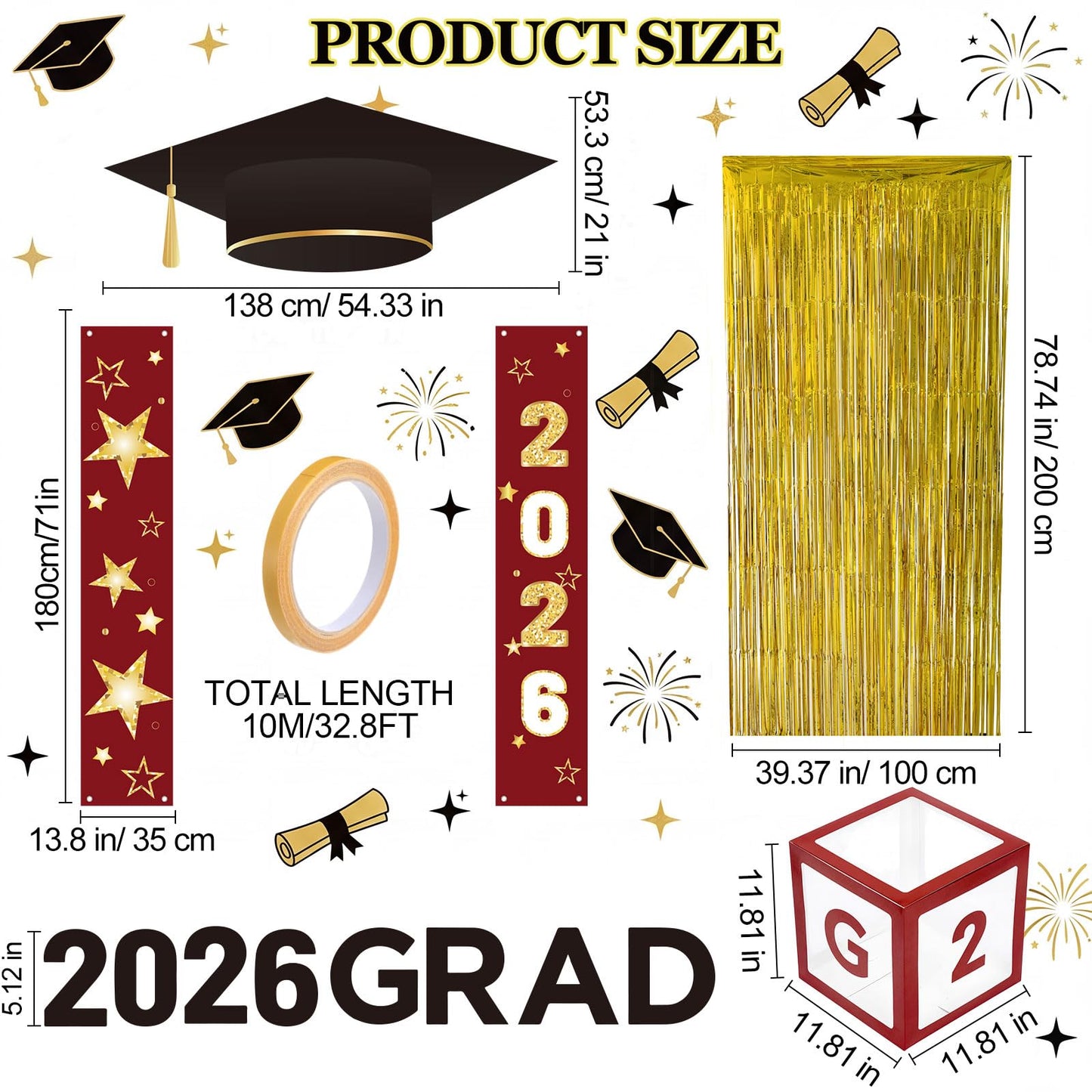 Frienda 9 Pcs 2026 Graduation Party Decoration Include Grad Box, Class of 2026 Graduation Door Porch Banner with Tinsel Curtain, Grad Photo Backdrop for College School Congrat Party Decoration(Blue) BST326H