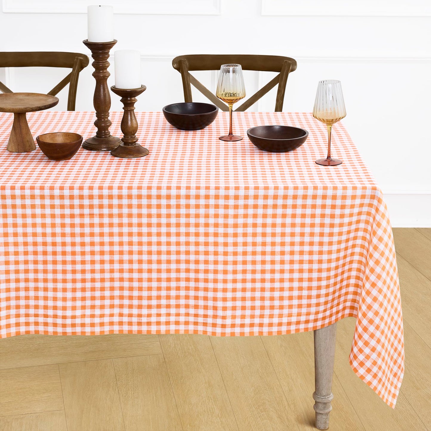 Solino Home 100% Linen Table Cloth, Throw Apricot, Gingham Check 52 x 52 in | Checkered Linen Tablecloth a neat topper for bistro, card and side tables | checkered weave | Pure Linen | OEKO-TEX Certified BST326SOLH