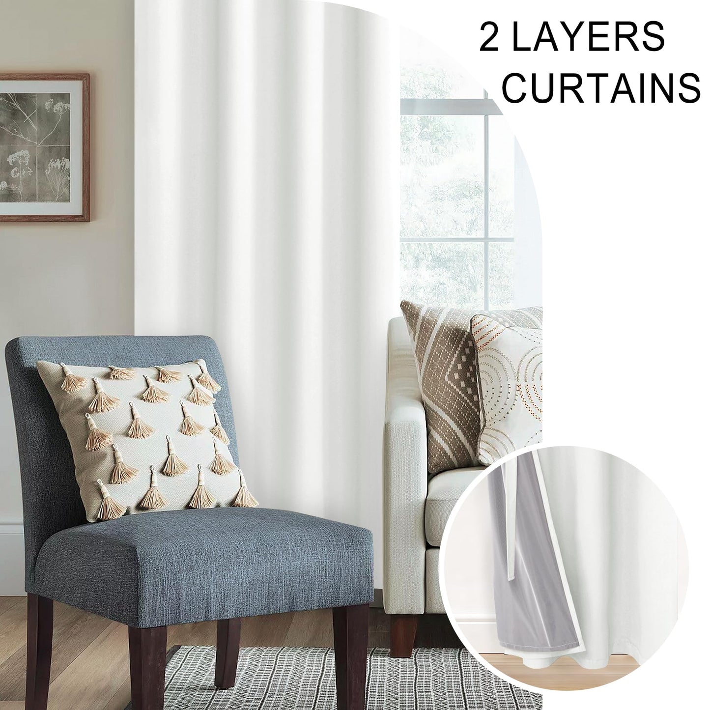 XWZO White Blackout Curtains with Tiebacks - Rod Pocket & Back Tab Heat and Full Light Blocking Window Panels for Bedroom/Nursery, 84 Inches Long Thermal Insulated Draperies, W42 x L84, Set of 2 BST326H