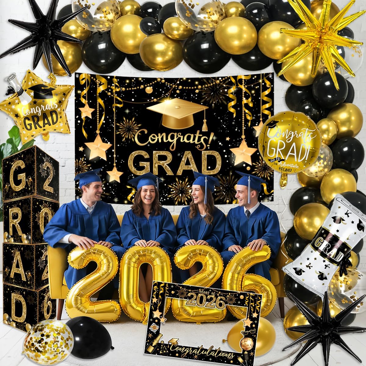 2026 Graduation Decorations Class of 2026 Black and Gold Congrats Grad Balloons,Banner,Backdrop,Photo Booth Props,Cards Boxes Kit for Graduation Party Decorations in Indoor or Outdoor (Graduation) BST326H