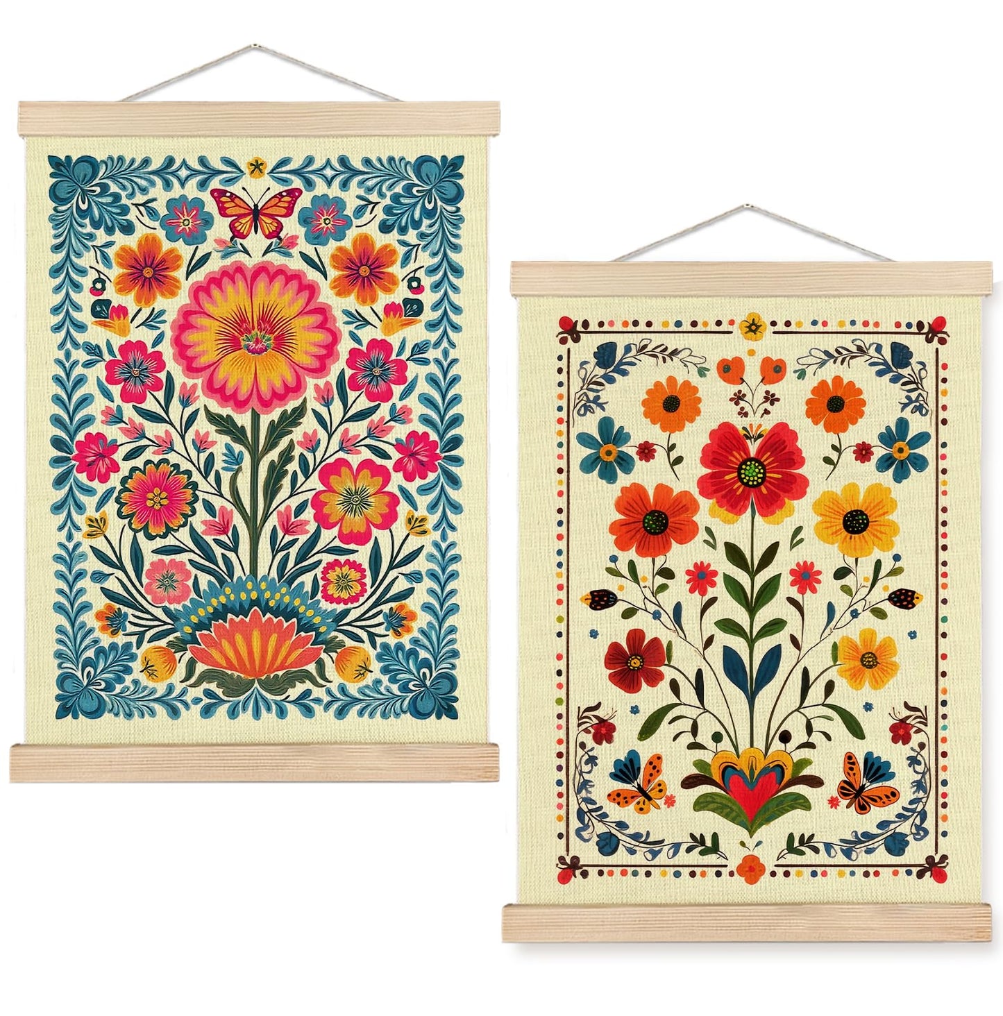 SPBL&L Green Boho Floral Mexican Wall Art, Abstract Flower Poster Hanger Frame, Burnt Orange Terracotta Botanical Hanging Canvas Pictures Prints Wall Decor for Home Bedroom, 12x16 Inch Set of 2 BST202
